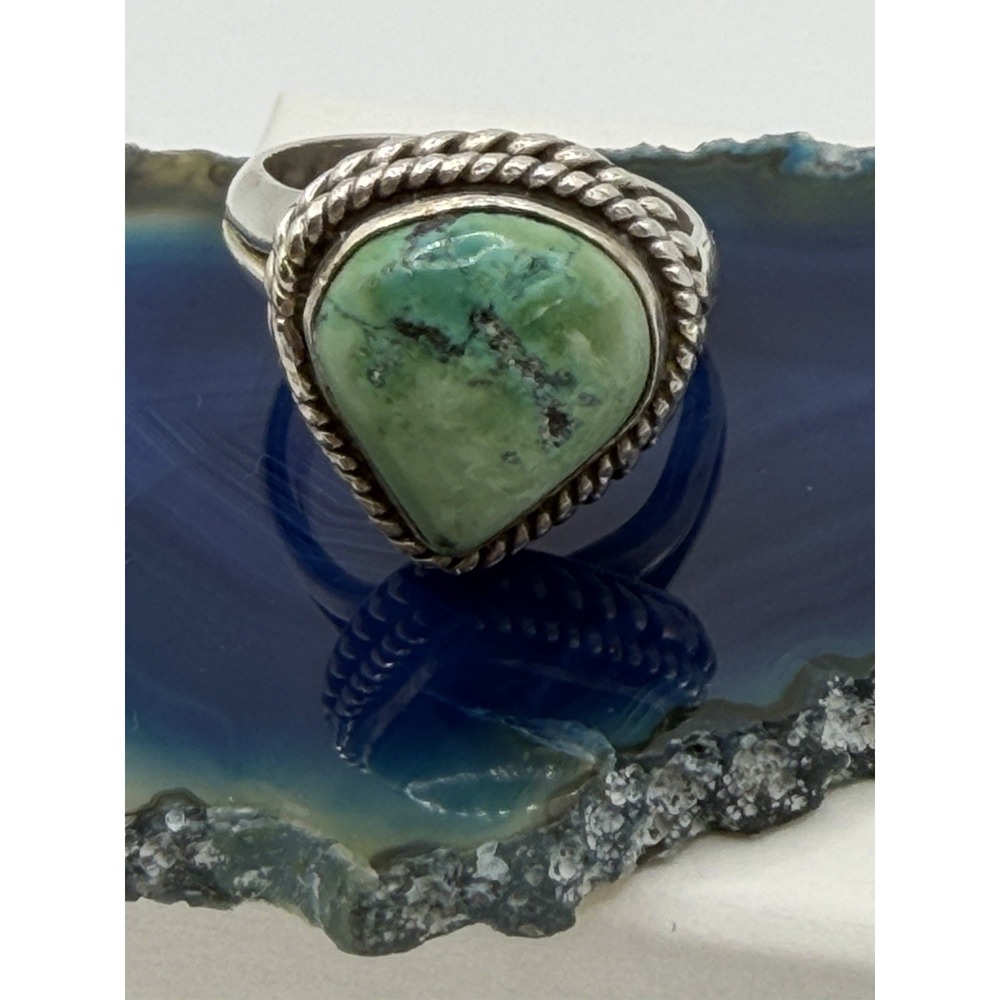 Vintage Green Turquoise Sterling Silver Ring 925 Navajo Rope Border Size 6 - Picture 3 of 10